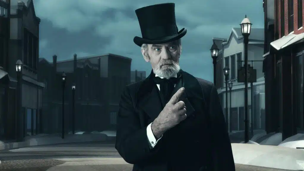 Dickens Scrooge Man in Old Winter Street. Pointing FInger.