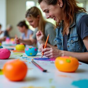 Happy group of participants during creative workshop pimping vaginas, full of colors and inspiration