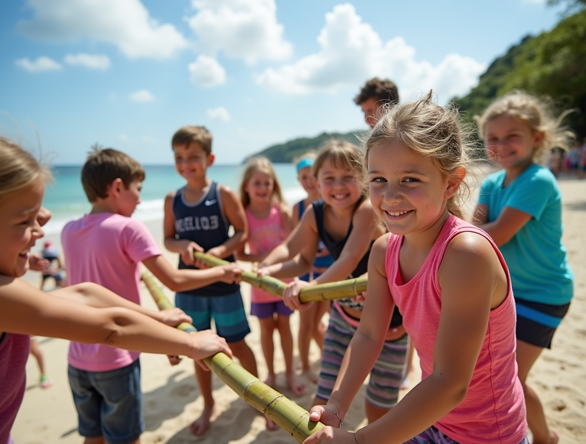 Lachende klas op schoolreis basisschool met begeleide activiteiten aan zee en veel plezier.