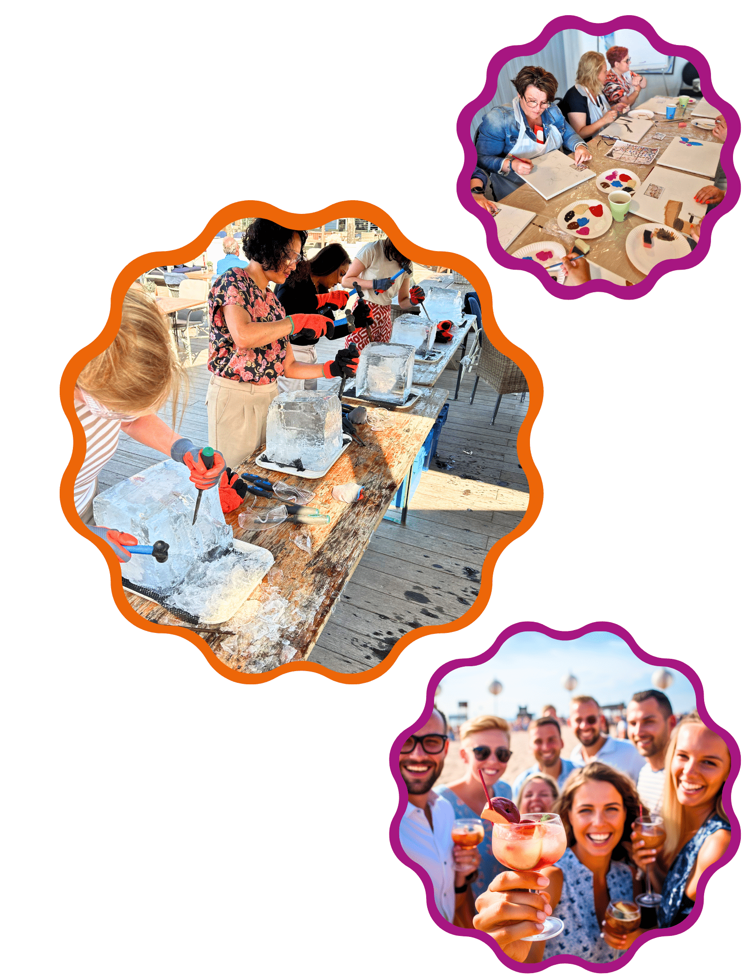 Gezellige sfeer tijdens workshops waarbij deelnemers fanatiek schilderen en samenwerken aan hun creatie. width=